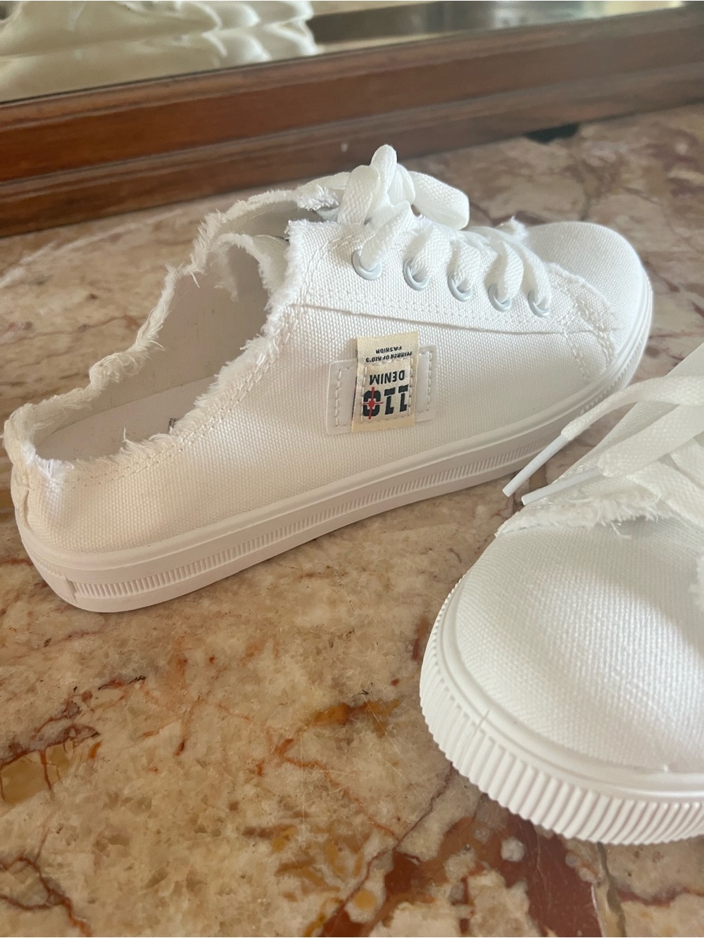 White Frayed Edge Canvas Sneakers - Denim Label slide on